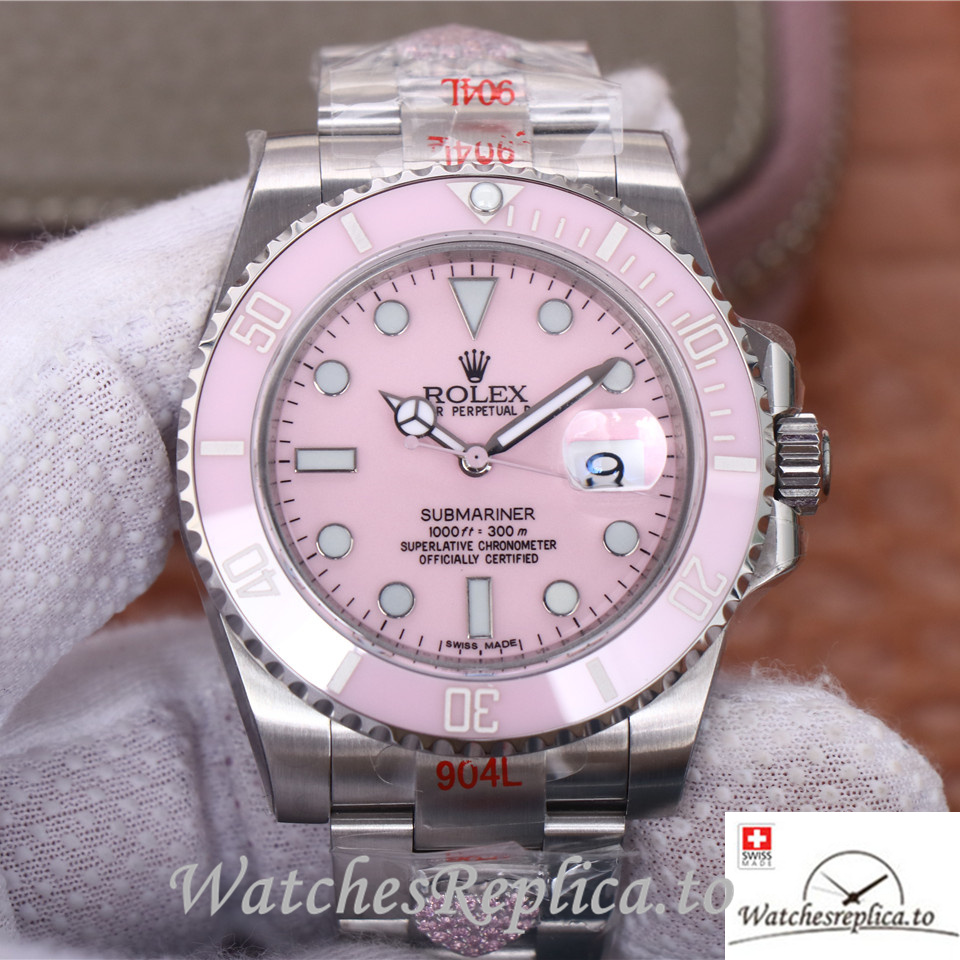 Swiss Rolex Submariner Replica Stainless steel strap 40MM Pink Dial - WatchesReplica.to