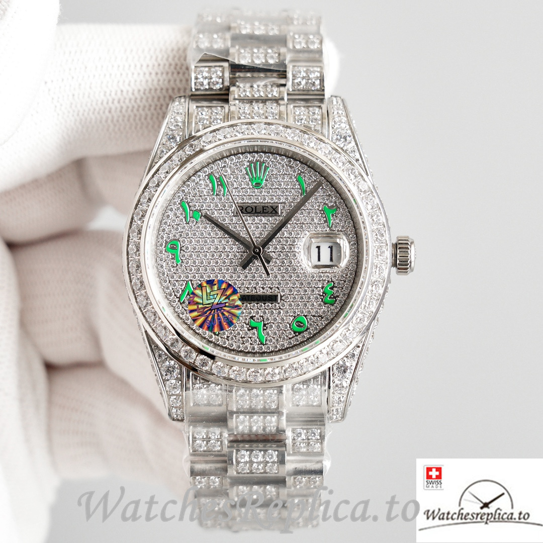 Swiss Rolex Datejust Green Roman Markers Full Diamond Dial 41MM Replica Watch - WatchesReplica.to