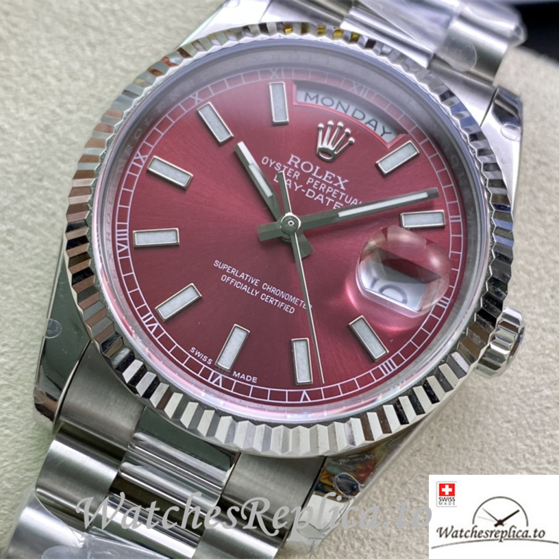 Swiss Rolex Day Date Replica Stainless steel strap 36MM Red Dial - Replica Watches Shop