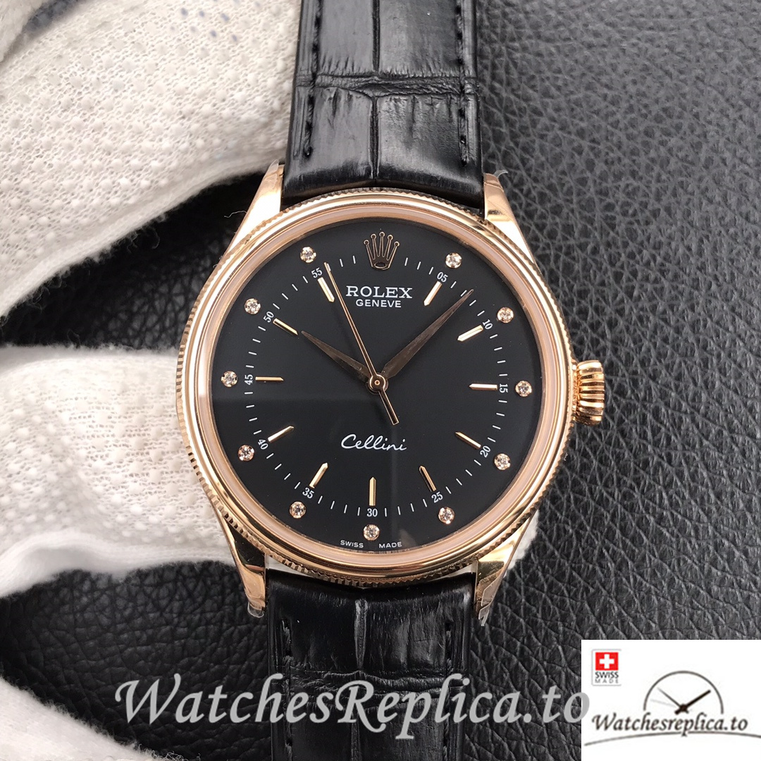 Swiss Rolex Cellini Replica Black Leather strap 39MM Black Dial Rose Gold - Replica Watches Shop