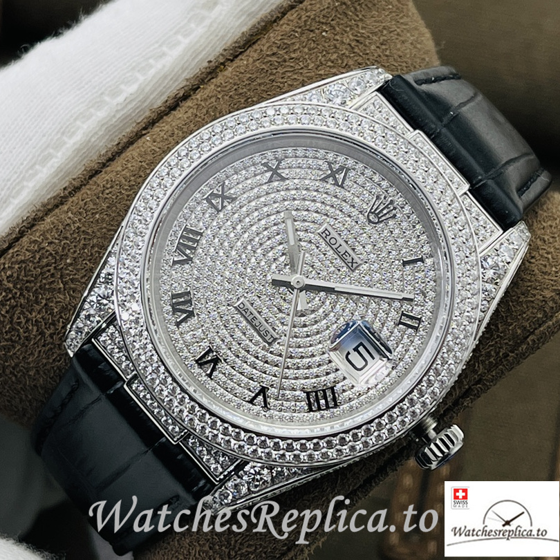 Swiss Rolex Datejust Replica Black Leather strap 40MM Diamonds Dial - Replica Watches Shop