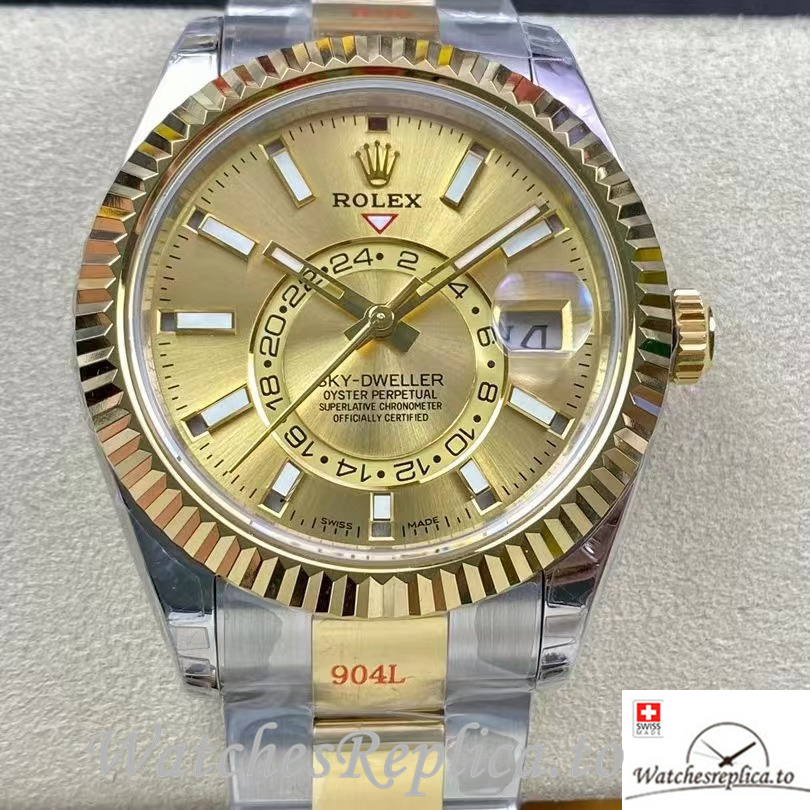 Swiss Rolex Sky Dweller Replica Stainless steel strap 42MM Gold Dial - WatchesReplica.to