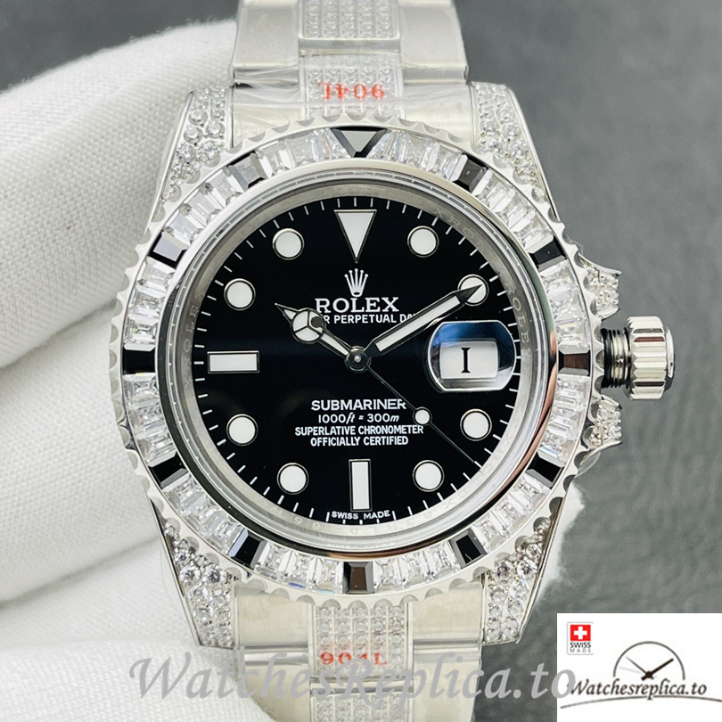 Swiss Rolex Submariner Replica Stainless steel strap 40MM Black Dial Diamonds Case - WatchesReplica.to