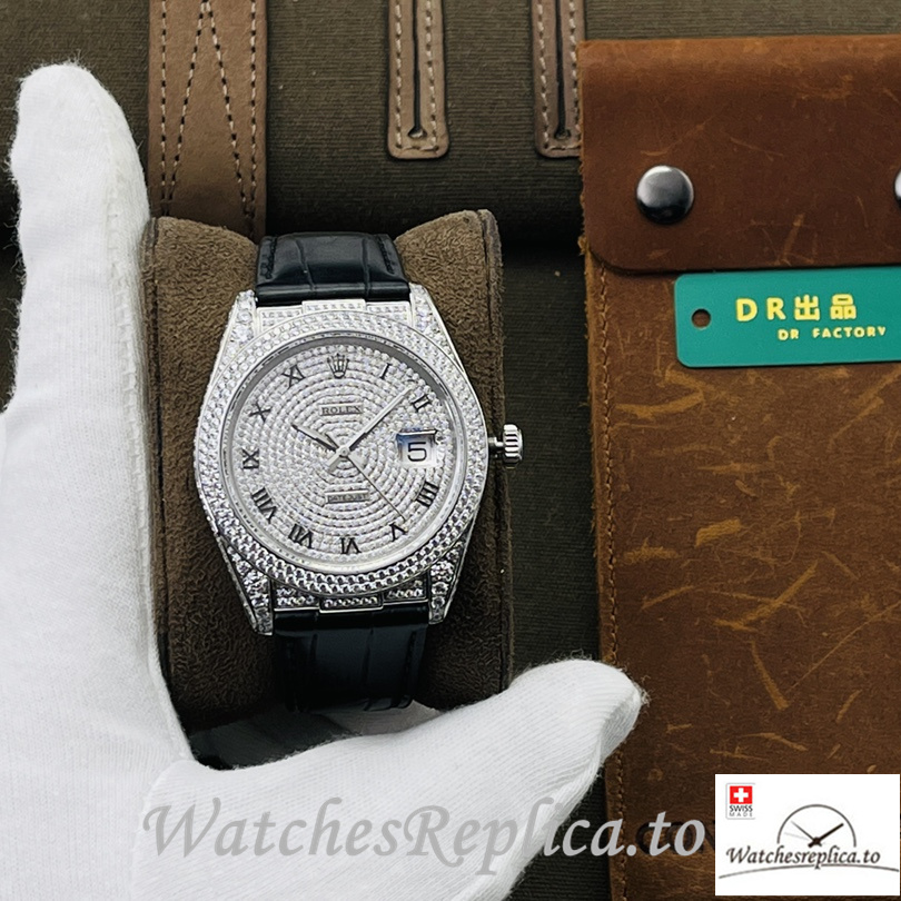 Swiss Rolex Datejust Replica Black Leather strap 40MM Diamonds Dial - Replica Watches Shop