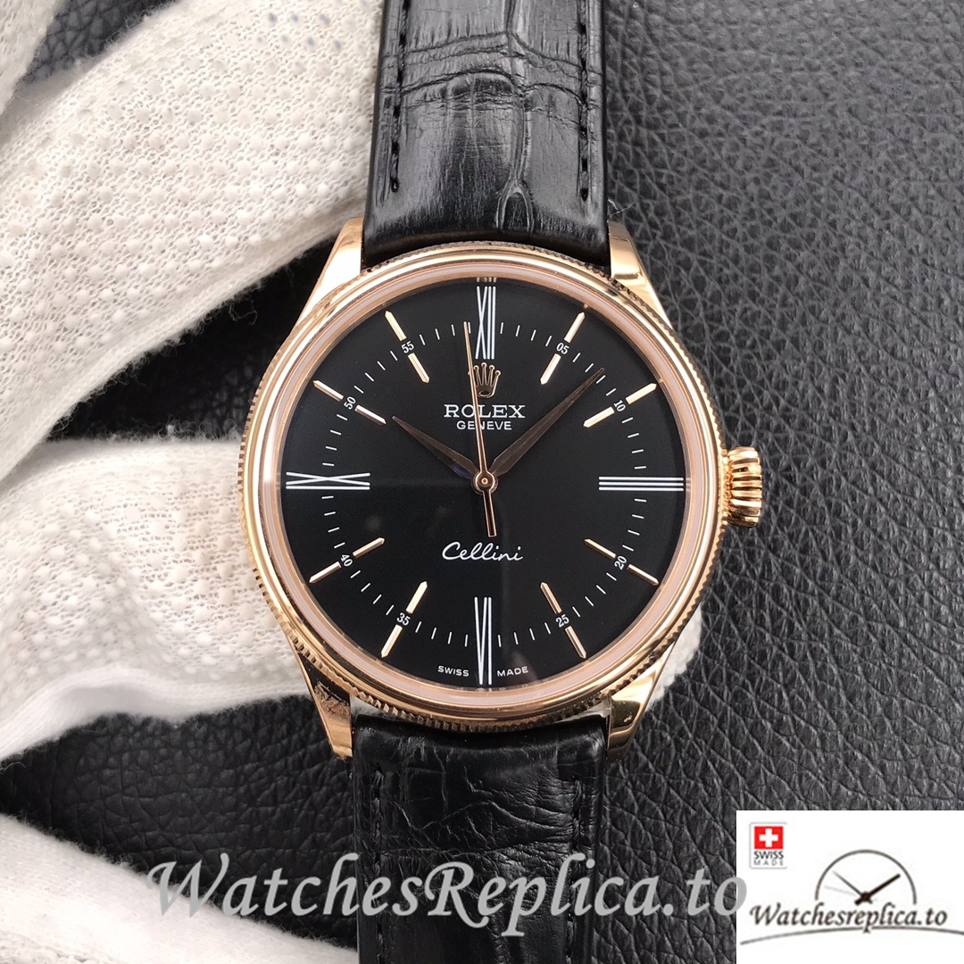 Swiss Rolex Cellini Replica Black Leather strap 39MM Rose Gold Black Dial - Replica Watches Shop