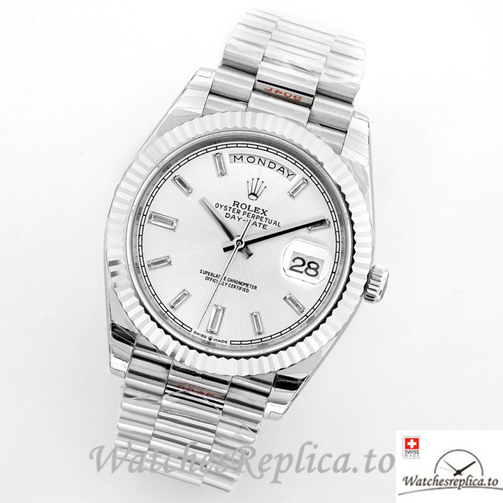 Swiss Rolex Day Date Replica Stainless steel strap 40MM White Dial Diamonds Marks - Replica Watches Shop
