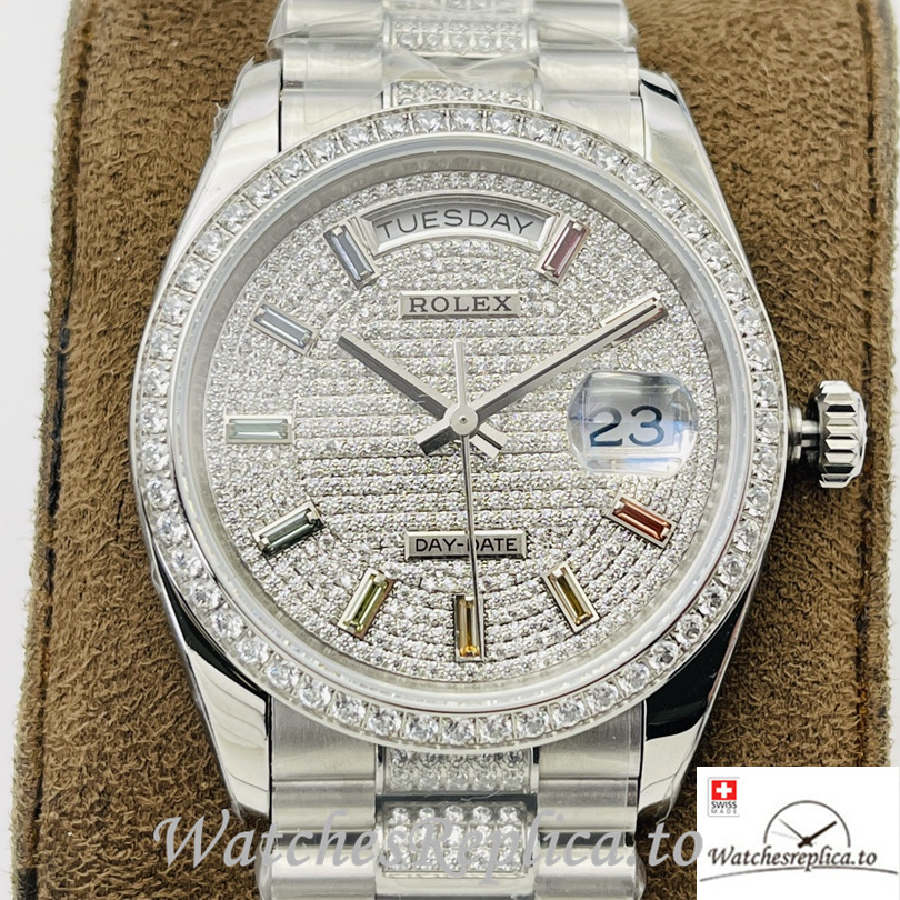 Swiss Rolex Day Date Replica Stainless steel and Diamonds strap 36MM Diamonds Dial - Replica Watches Shop