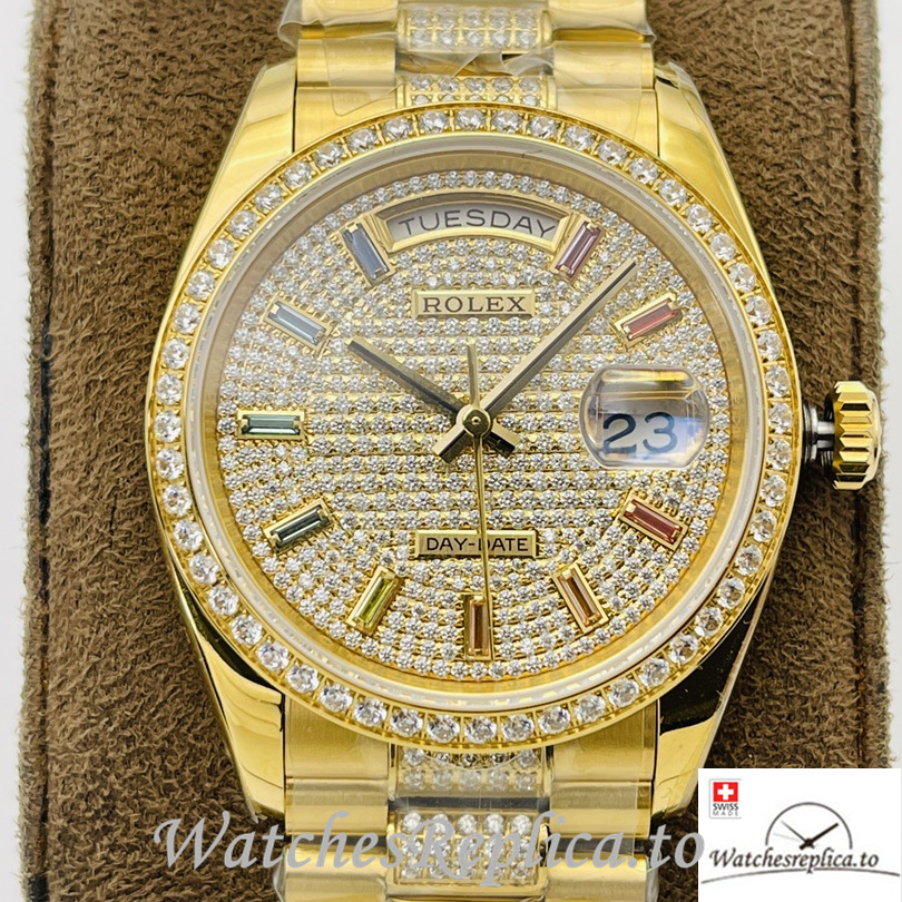 Swiss Rolex Day Date Replica Yellow Gold and Diamonds strap 36MM Diamonds Dial - Replica Watches Shop