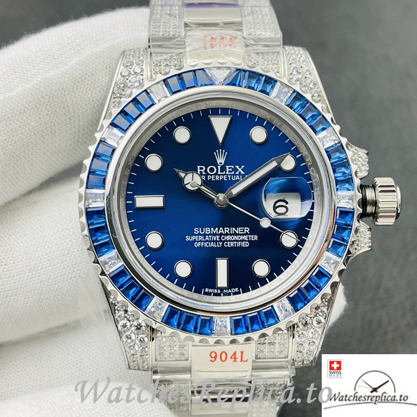 Swiss Rolex Submariner Replica Stainless steel strap 40MM Blue Dial Diamonds - WatchesReplica.to