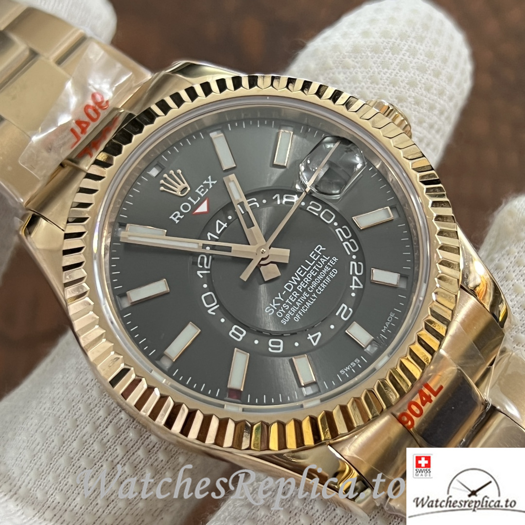 Swiss Rolex Sky Dweller Replica Yellow Gold strap 42MM Black Dial - WatchesReplica.to