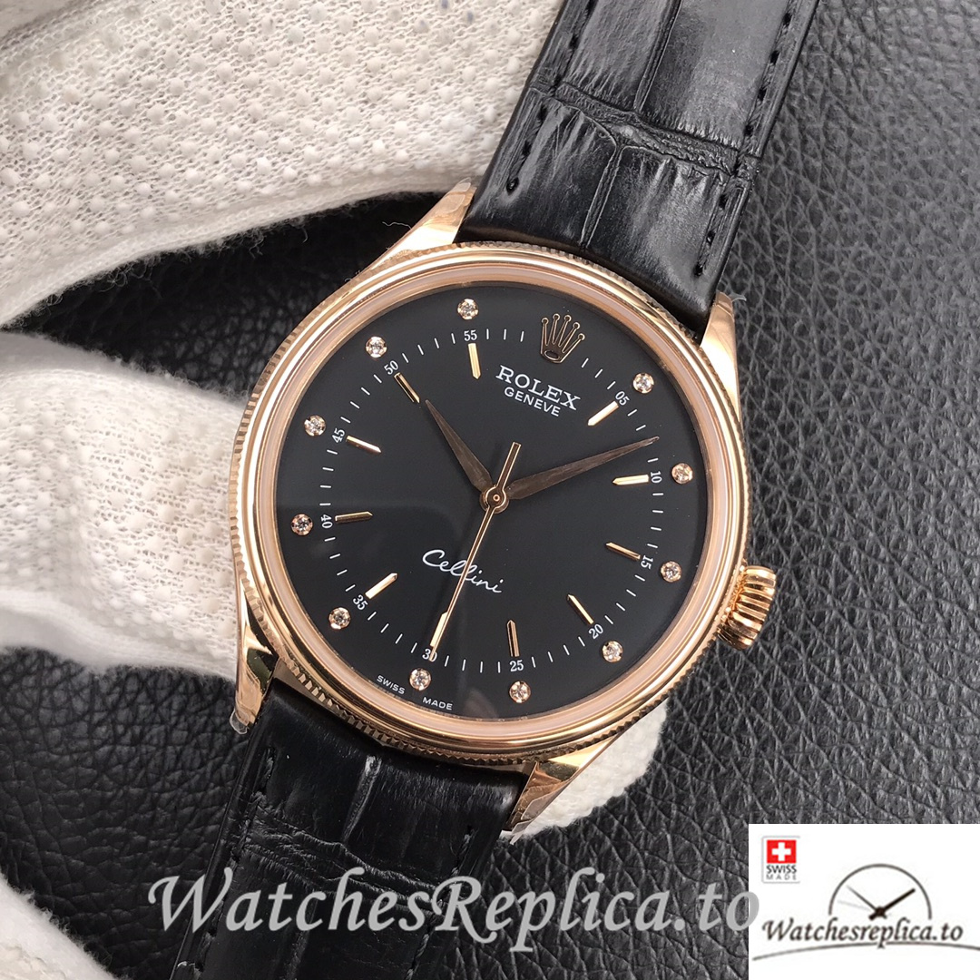 Swiss Rolex Cellini Replica Black Leather strap 39MM Black Dial Rose Gold - Replica Watches Shop