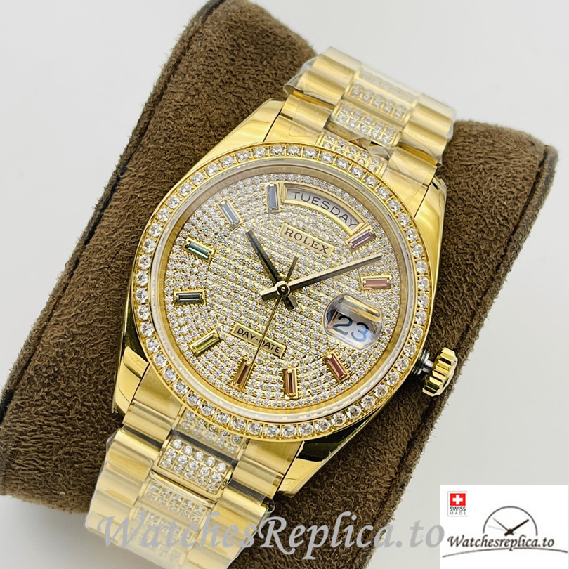 Swiss Rolex Day Date Replica Yellow Gold and Diamonds strap 36MM Diamonds Dial - Replica Watches Shop