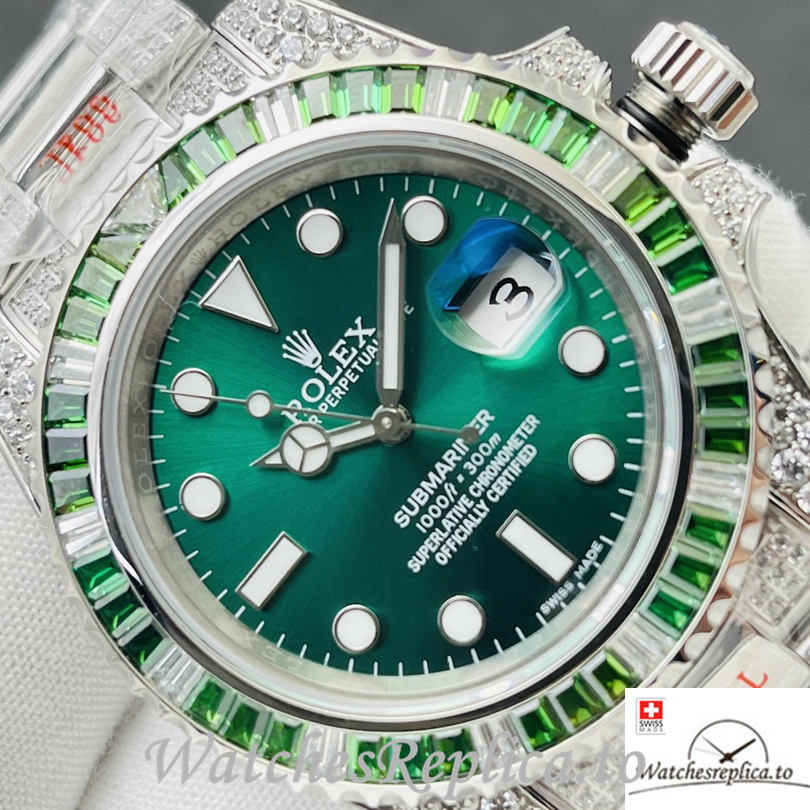 Swiss Rolex Submariner Replica Stainless steel strap 40MM Green Dial Diamonds - WatchesReplica.to