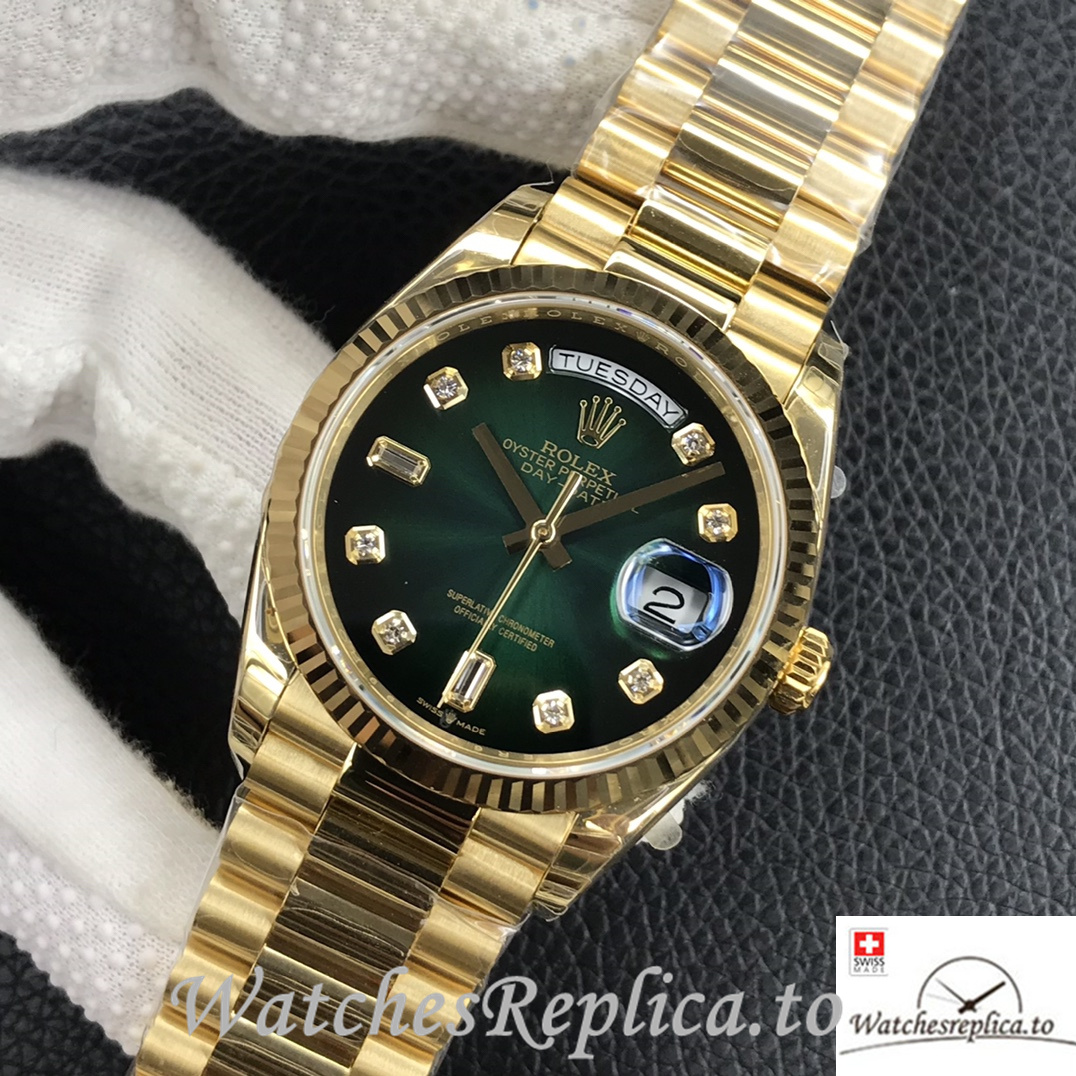 Swiss Rolex Day Date Replica 128238 Yellow Gold strap 36MM Green Dial - Replica Watches Shop