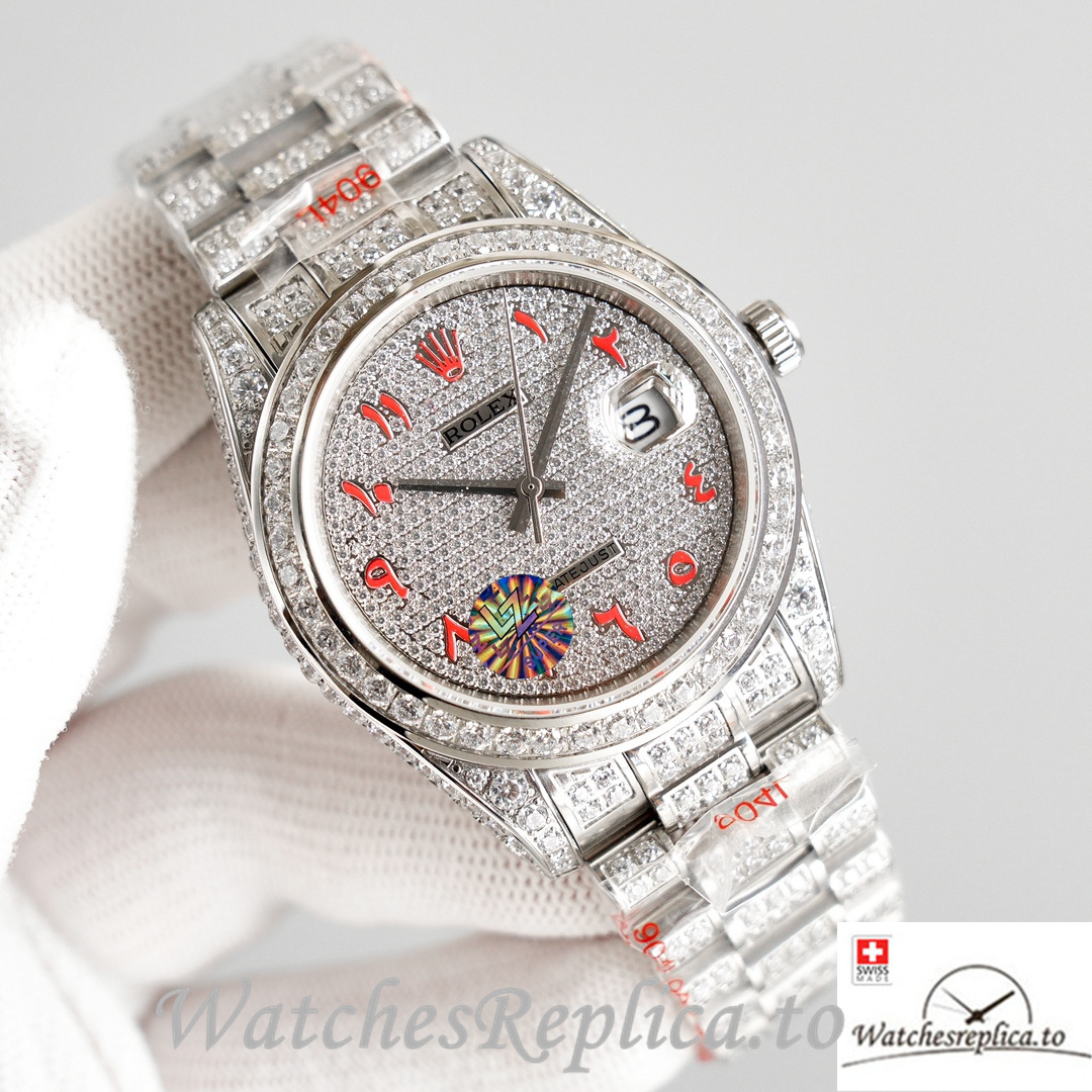 Swiss Rolex Datejust Red Roman Markers Full Diamond Dial 41MM Replica Watch - WatchesReplica.to