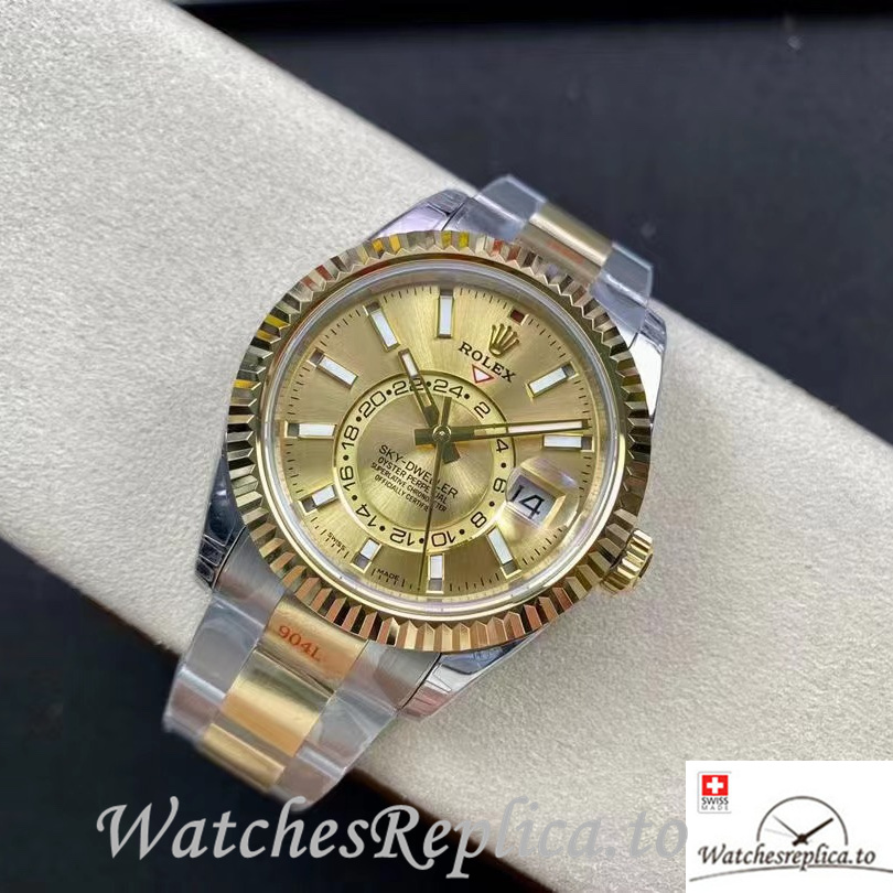 Swiss Rolex Sky Dweller Replica Stainless steel strap 42MM Gold Dial - WatchesReplica.to