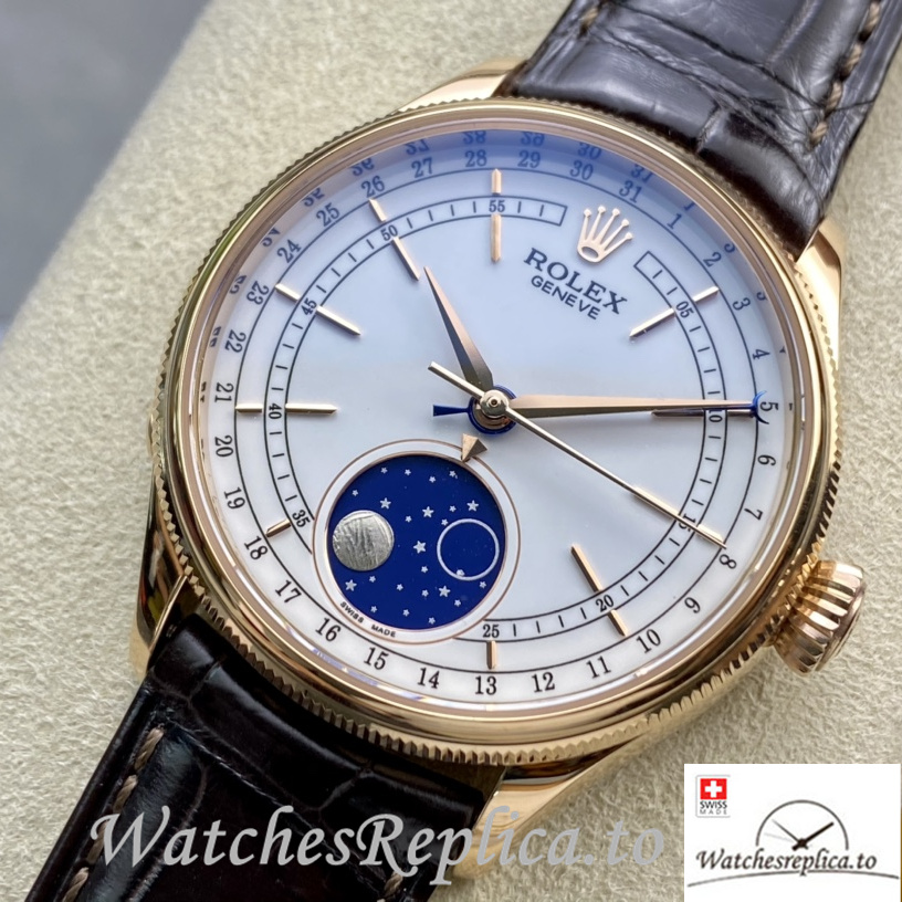 Swiss Rolex Cellini Replica Brown Leather strap 39MM Black Dial Yellow Gold Case - WatchesReplica.to