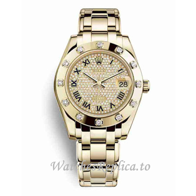 Replica Rolex Pearlmaster m81318-0044 34MM Yellow Gold strap Ladies Watch - WatchesReplica.to