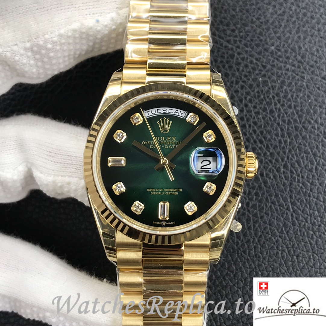 Swiss Rolex Day Date Replica 128238 Yellow Gold strap 36MM Green Dial - Replica Watches Shop