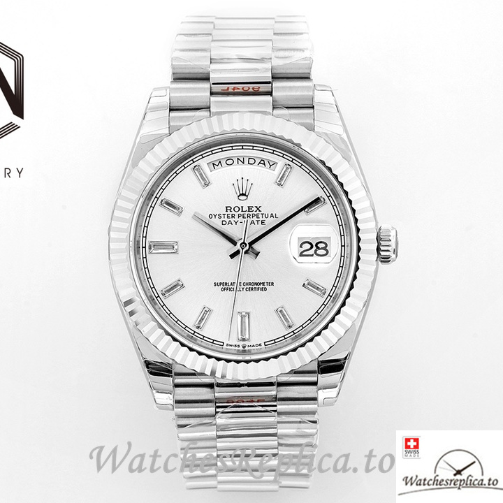 Swiss Rolex Day Date Replica Stainless steel strap 40MM White Dial Diamonds Marks - Replica Watches Shop