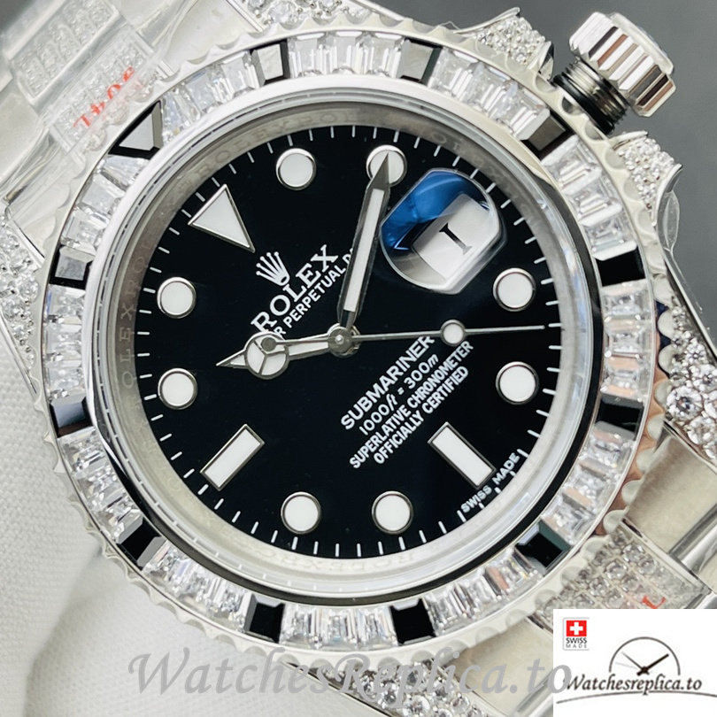 Swiss Rolex Submariner Replica Stainless steel strap 40MM Black Dial Diamonds Case - WatchesReplica.to