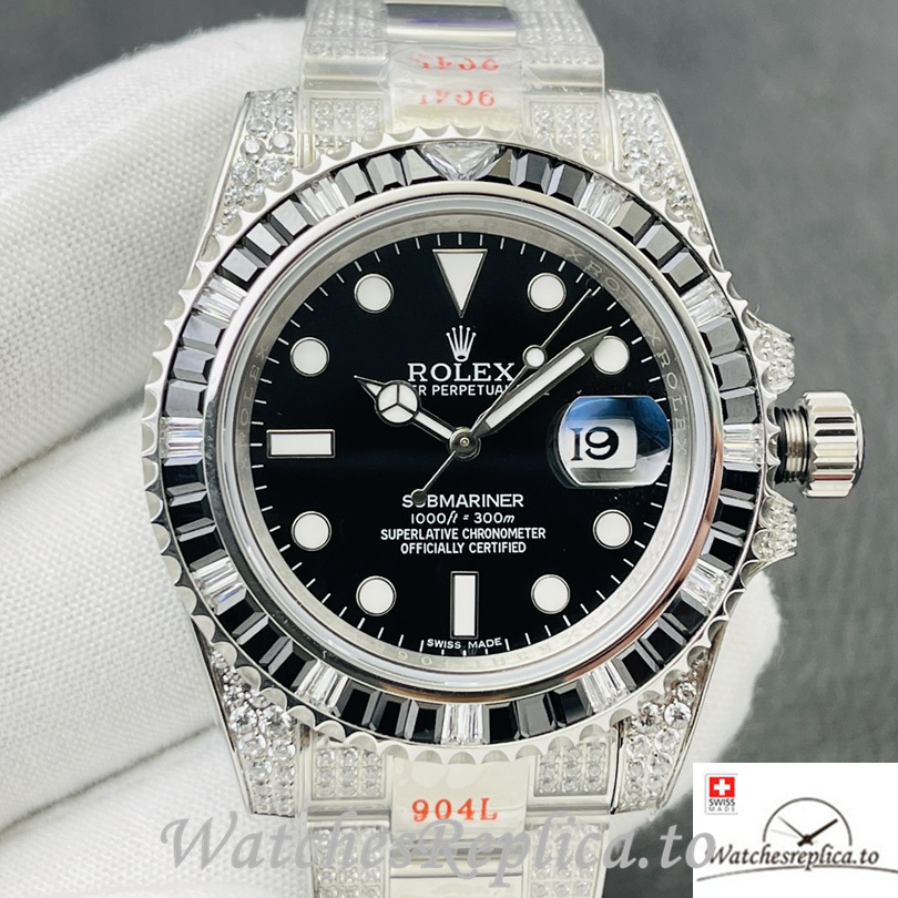 Swiss Rolex Submariner Replica Stainless steel strap 40MM Black Dial Diamonds - WatchesReplica.to