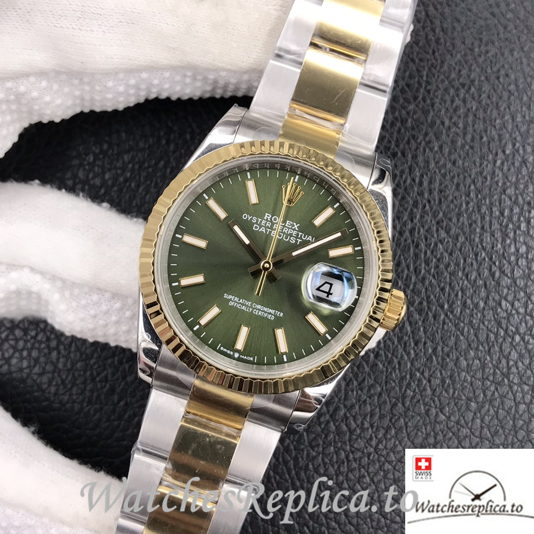 Swiss Rolex Datejust Replica Stainless steel strap 36MM Yellow Gold Green Dial Sticks Marks - WatchesReplica.to