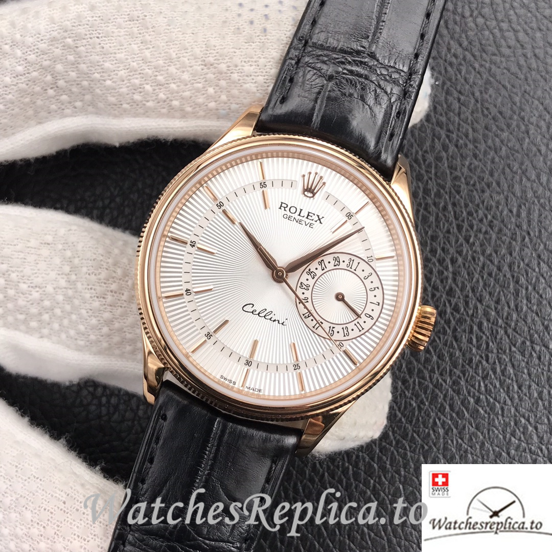 Swiss Rolex Cellini Replica Black Leather strap 39MM Silver Dial Rose Gold - Replica Watches Shop