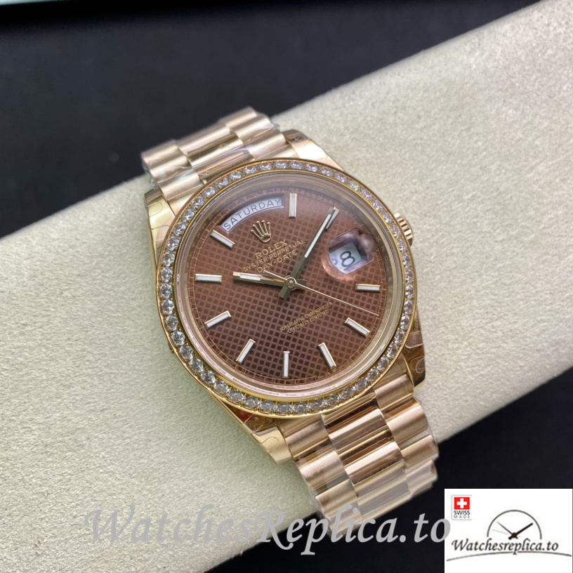 Swiss Rolex Day Date Replica Rose Gold strap 40MM Brown Dial Sticks Marks - Replica Watches Shop
