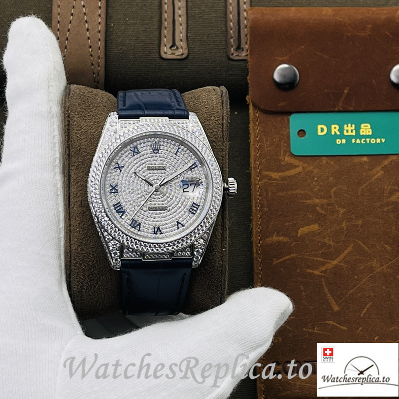 Swiss Rolex Datejust Replica Blue Leather strap 40MM Diamonds Dial - Replica Watches Shop