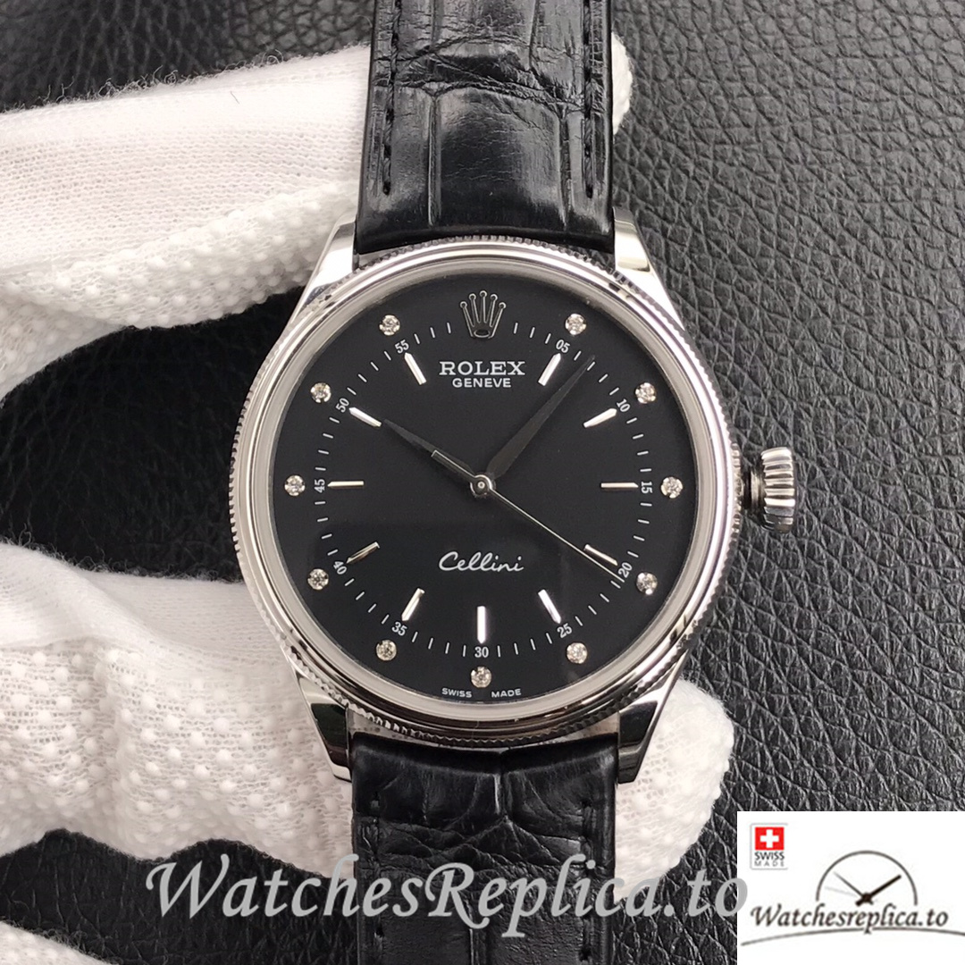 Swiss Rolex Cellini Replica Black Leather strap 39MM Black Dial - Replica Watches Shop