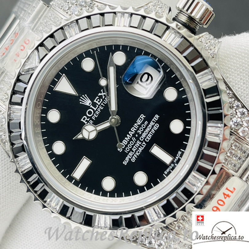 Swiss Rolex Submariner Replica Stainless steel strap 40MM Black Dial Diamonds - WatchesReplica.to