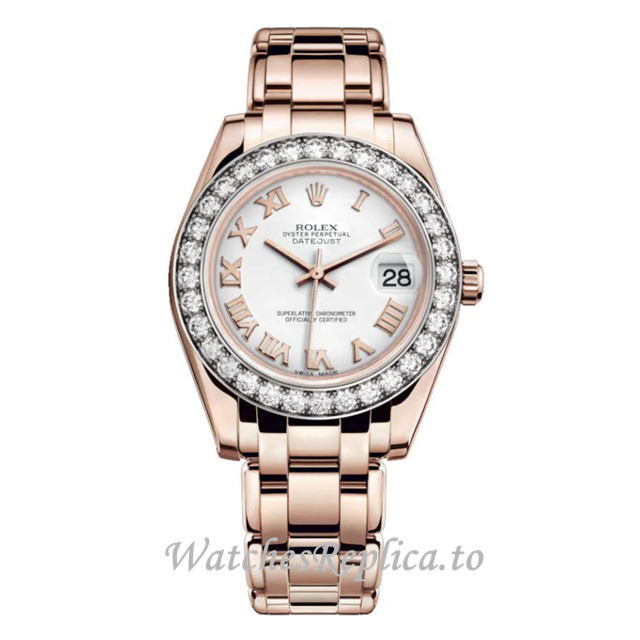 Replica Rolex Pearlmaster m81285-0032 34MM Rose Gold strap Ladies Watch - WatchesReplica.to
