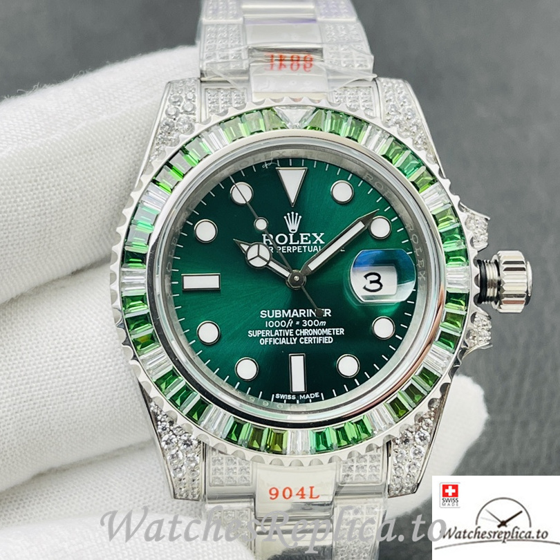 Swiss Rolex Submariner Replica Stainless steel strap 40MM Green Dial Diamonds - WatchesReplica.to