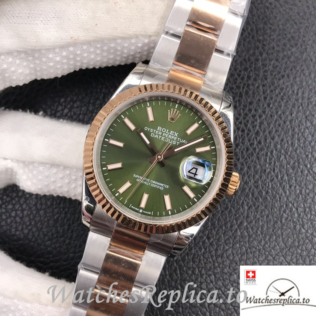 Swiss Rolex Datejust Replica Stainless steel strap 36MM Rose Gold Green Dial Sticks Marks - WatchesReplica.to
