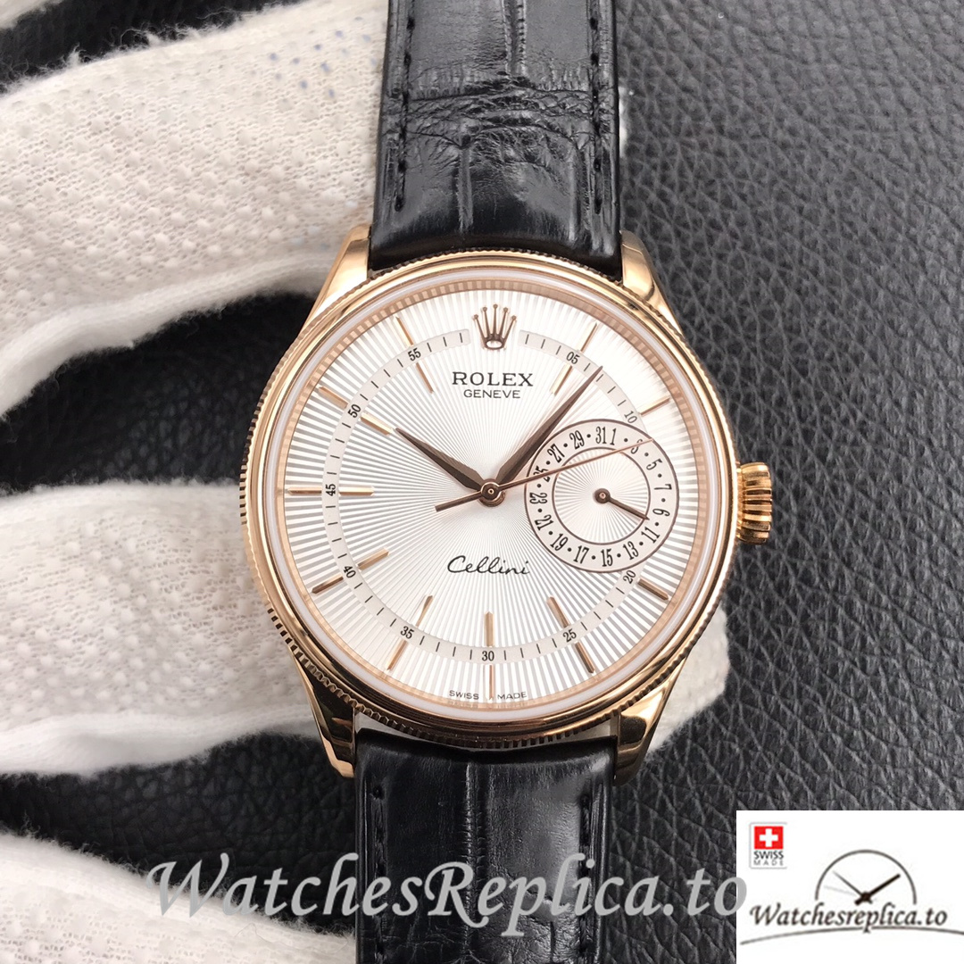 Swiss Rolex Cellini Replica Black Leather strap 39MM Silver Dial Rose Gold - Replica Watches Shop