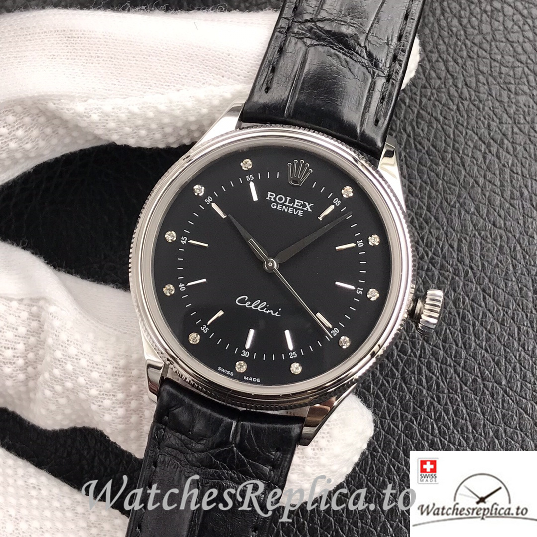 Swiss Rolex Cellini Replica Black Leather strap 39MM Black Dial - Replica Watches Shop