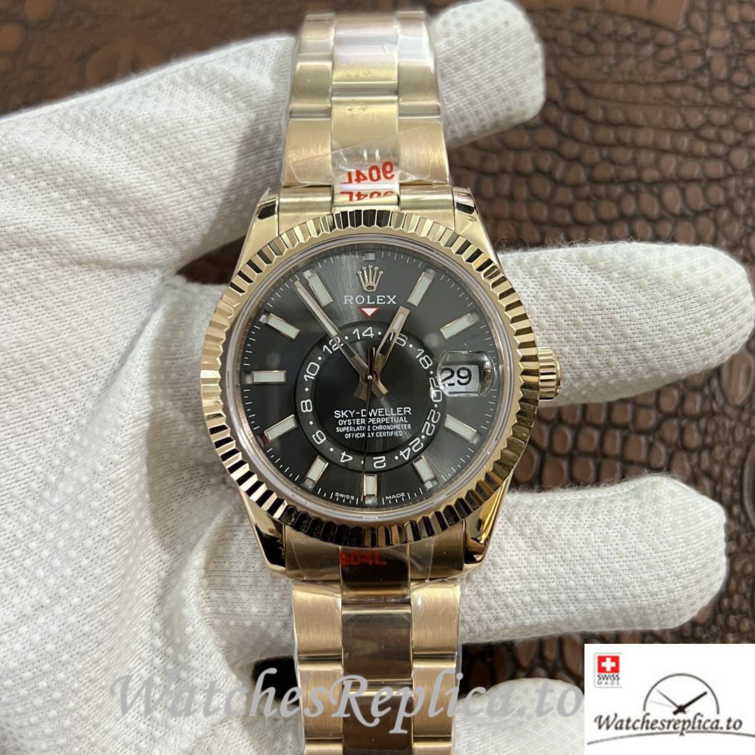 Swiss Rolex Sky Dweller Replica Yellow Gold strap 42MM Black Dial - WatchesReplica.to