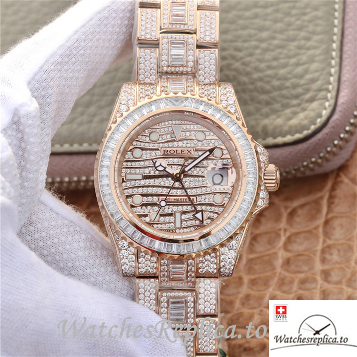 Swiss Rolex GMT-Master Replica 116769TBR-74779B Rose Gold and Diamonds strap 40MM - Replica Watches Shop
