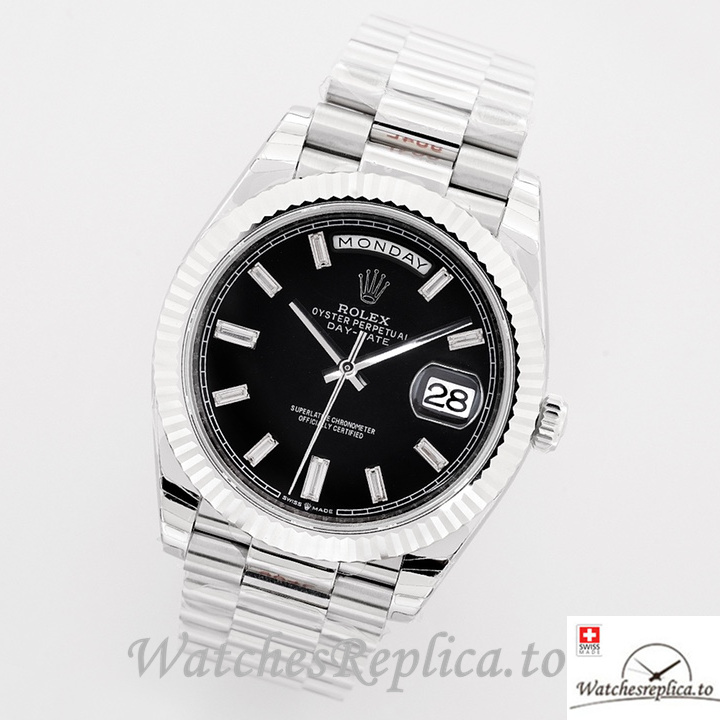 Swiss Rolex Day Date Replica Stainless steel strap 40MM Black Dial Diamonds Marks - Replica Watches Shop