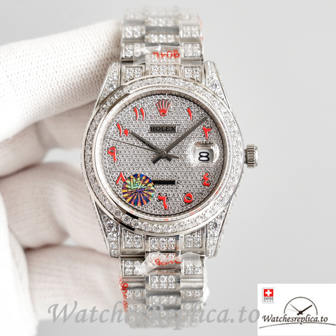 Swiss Rolex Datejust Red Roman Markers Full Diamond Dial 41MM Replica Watch - WatchesReplica.to