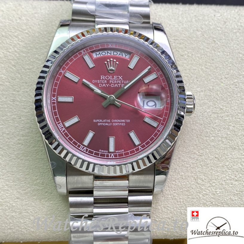 Swiss Rolex Day Date Replica Stainless steel strap 36MM Red Dial - Replica Watches Shop
