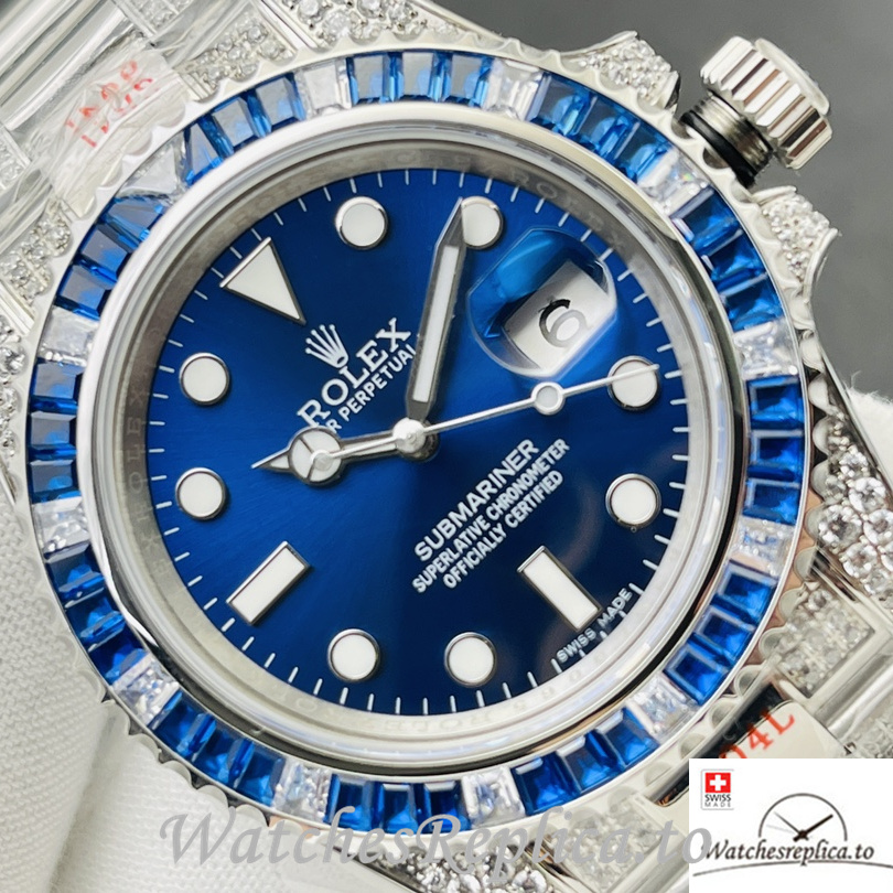 Swiss Rolex Submariner Replica Stainless steel strap 40MM Blue Dial Diamonds - WatchesReplica.to