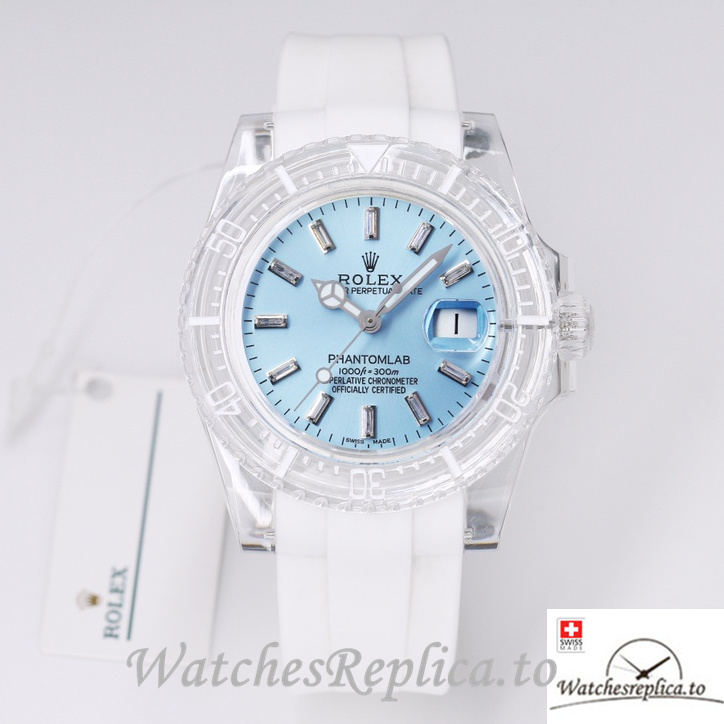 Swiss Rolex Submariner Replica Rubber strap 40MM PHANTOMLAB&ROLEX Baby blue Dial - WatchesReplica.to