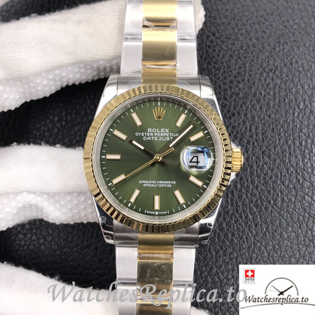 Swiss Rolex Datejust Replica Stainless steel strap 36MM Yellow Gold Green Dial Sticks Marks - WatchesReplica.to