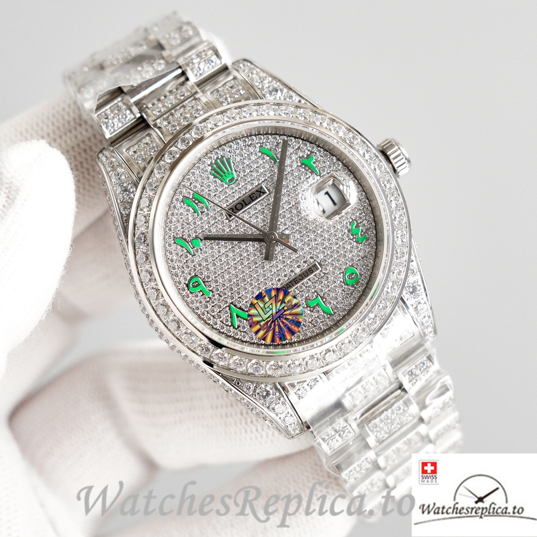 Swiss Rolex Datejust Green Roman Markers Full Diamond Dial 41MM Replica Watch - WatchesReplica.to