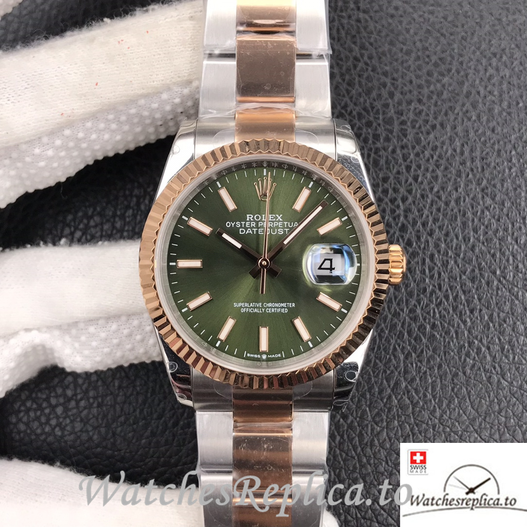 Swiss Rolex Datejust Replica Stainless steel strap 36MM Rose Gold Green Dial Sticks Marks - WatchesReplica.to