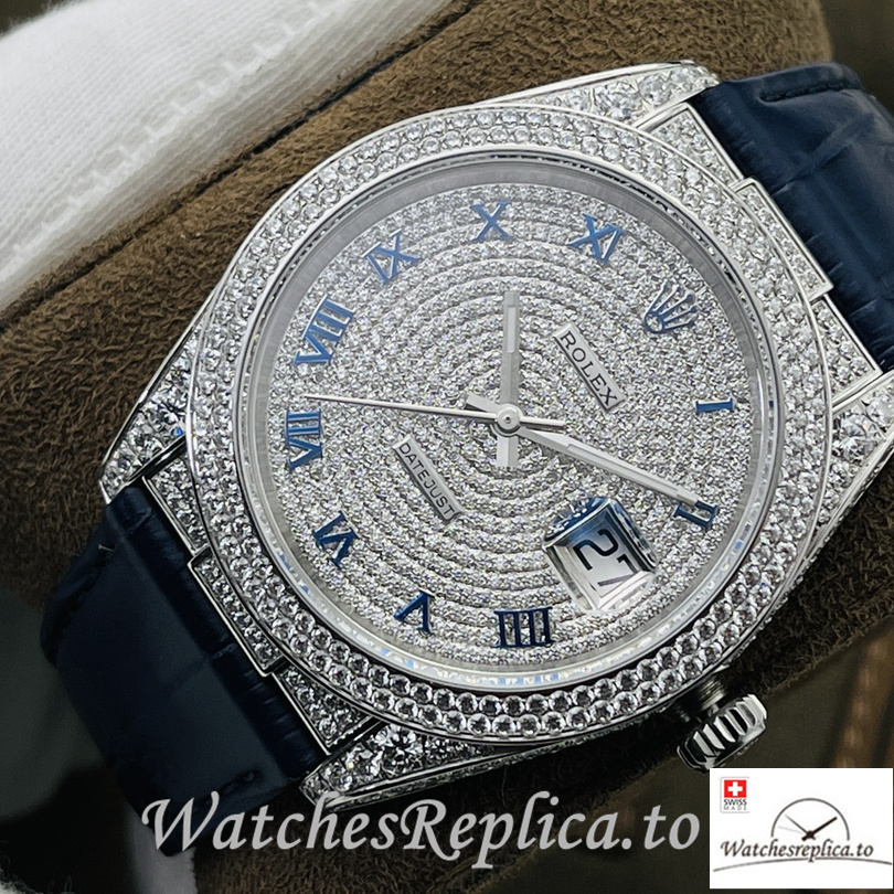 Swiss Rolex Datejust Replica Blue Leather strap 40MM Diamonds Dial - Replica Watches Shop