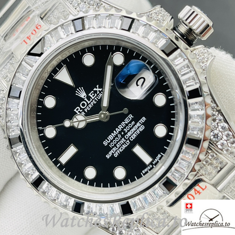 Swiss Rolex Submariner Replica Stainless steel strap 40MM Black Dial Diamonds Band - WatchesReplica.to