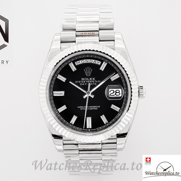 Swiss Rolex Day Date Replica Stainless steel strap 40MM Black Dial Diamonds Marks - Replica Watches Shop